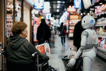 AI robotic companion assisting elderly. Smart artificial intelligence robot helper for seniors.
