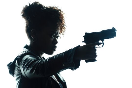 A woman wearing a leather jacket holds a gun, possibly for self-defense or protection