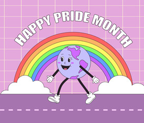 LGBT Pride Month. Retro groovy earth character walking with a rainbow. Vector illustration