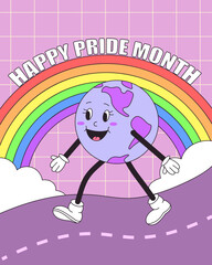 LGBT Pride Month. Retro groovy earth character walking with a rainbow. Vector illustration