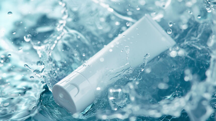 A white cosmetic tube floating in water with ripples and splashes.