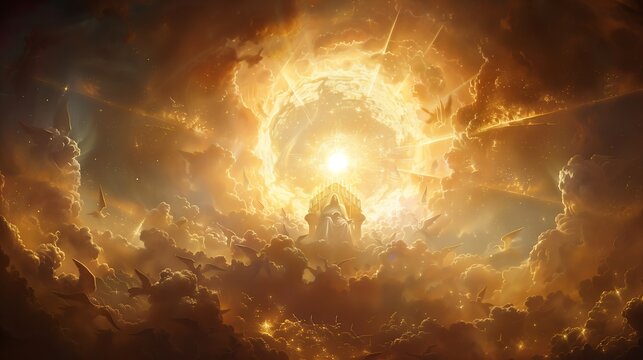 Majestic depiction of God seated on a golden throne in the heavens, enveloped by a halo of light and attended by angels