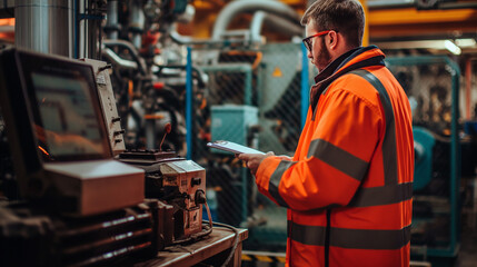 An industrial worker in orange uniform and hard hat inspecting machinery in a factory.