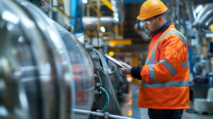 An industrial worker in orange uniform and hard hat inspecting machinery in a factory.