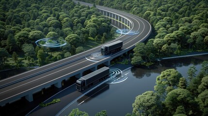 An autonomous truck navigates a winding mountain road, showcasing advanced safety features represented by blue circles around the vehicle