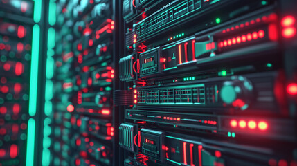 Naklejka premium A brightly lit server room with rows of illuminated servers and cables.