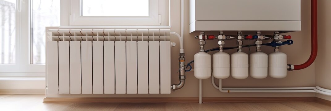 A close-up of a new radiator and heating system being installed in a home. The installer is connecting pipes and fittings, ensuring a comfortable and efficient heating solution. Generative AI