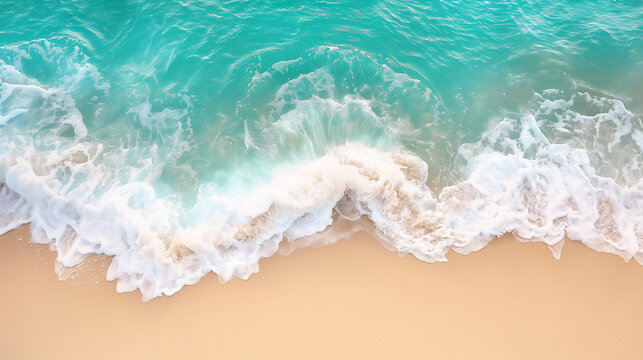 Aerial view of waves crashing onto a sandy beach with turquoise water.