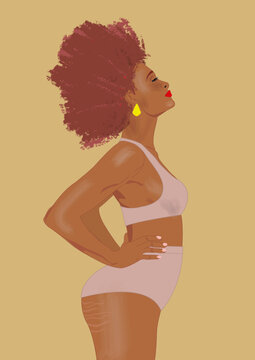 femme noire cheveux afro posture fi&egrave;re maillot de bain sous-v&ecirc;tements vergetures corps formes