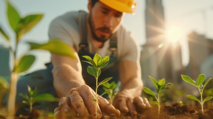 Fototapeta premium Landscaper Carefully Planting Saplings in Urban Setting