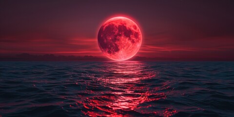 A full moon rises over the ocean at sunset