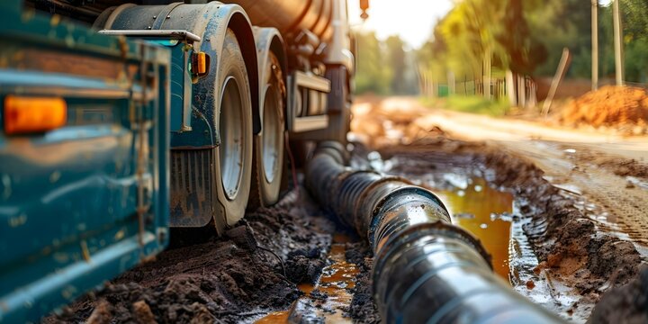 Septic truck pipe connecting to drainage pumping machine for waste removal. Concept Septic System Maintenance, Waste Removal Process, Drainage Pumping Machine, Piping Connections