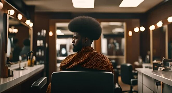 Black man with afro hair at the hair salon.