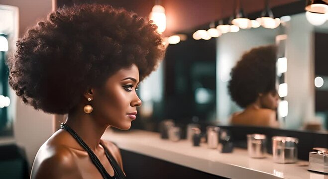 Black woman with afro hair at the hair salon.
