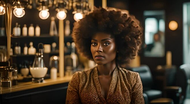 Black woman with afro hair at the hair salon.
