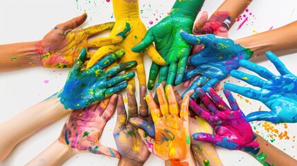 People of all different races and ethnicities coming together to join their hands together, covered in different colors of paint. AIG535
