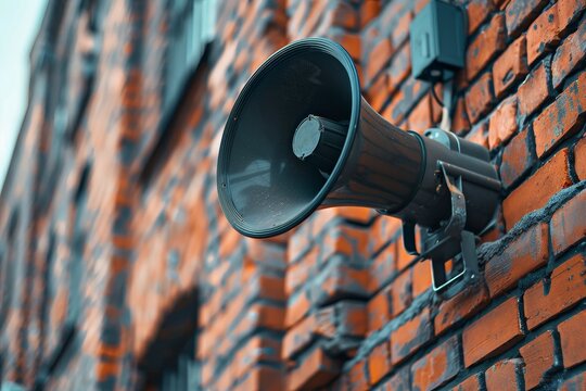 Urban emergency alert system Megaphone on wall for safety updates in city