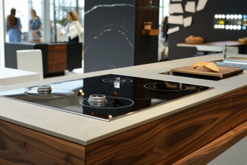 A standard kitchen counter with a stove top and two burners