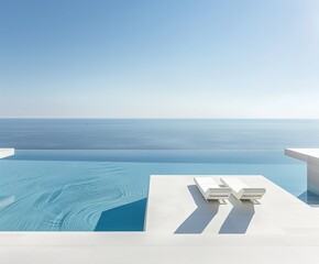 Endless pool, luxury resort, sea landscape, minimalistic.