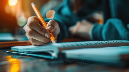 A close-up shot of a student's hand holding a pencil, carefully writing notes in a notebook