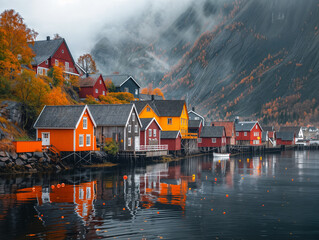 Colorful houses next to serene lake in Nordic setting