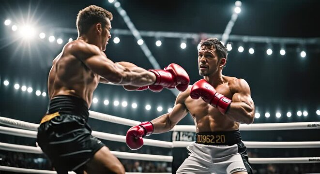 Two men in a boxing match.