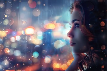 Fototapeta premium A woman gazes out a window at the twinkling lights of a city at night, her expression contemplative and lost in thought
