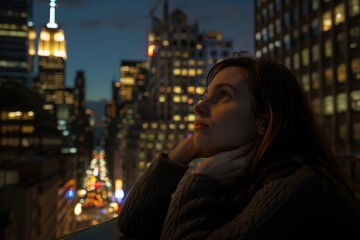 Fototapeta premium A woman sits on a rooftop, gazing out at the city skyline, illuminated by the glow of streetlights and buildings