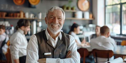 restaurant waiter manager in uniform, mature male man.  concept of restaurant food or catering service education staff training knowledge customer service learning background