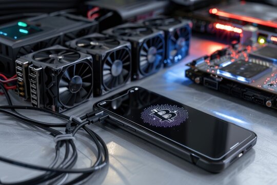 A close-up image showcasing a smartphone displaying a Bitcoin logo alongside a high-performance mining rig, representing the future of digital currency