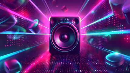 Music party poster template in neon colors. Music speaker with. Robotic sound system on background of digital lights. Background of disco musical banner