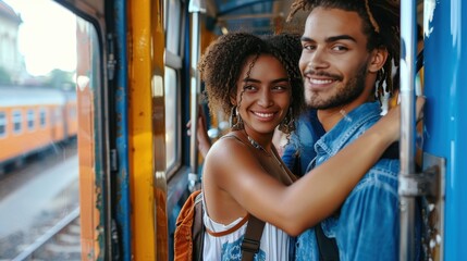 Obraz premium A happy couple smiles while standing close together on a train, enjoying the journey and each other's company, symbolizing love, happiness, and shared adventures in life.
