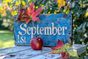 A weathered blue sign proclaims September 1st with a red apple and autumn leaves resting on a rustic white table, signifying the arrival of fall