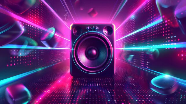 Music party poster template in neon colors. Music speaker with. Robotic sound system on background of digital lights. Background of disco musical banner