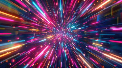 Neon lines converging in a psychedelic explosion of color 3d style isolated flying objects memphis style 3d render AI generated illustration