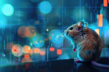 A small brown mouse stands on a surface, looking out at a city skyline at night. The lights of the city create a colorful, blurry backdrop