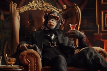 A chimpanzee, dressed in a suit, sits in a luxurious armchair and enjoys a cocktail. The scene is rich with detail and evokes a sense of sophistication and humor