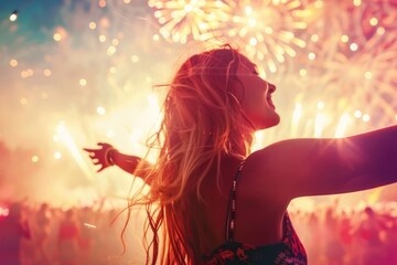 A woman with long hair throws her arms up in the air, bathed in the light of a dazzling fireworks display. The scene is filled with excitement and joy