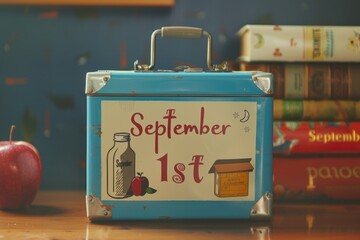 A blue vintage lunchbox with September 1st printed on the front sits on a wooden table next to a red apple