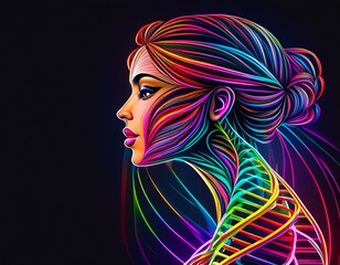 Abstract neon colorful outlining of woman on black background; side profile; DNA medical concept