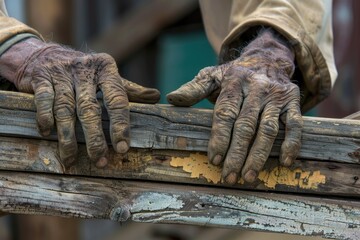 A close-up of a pair of weathered hands resting on a piece of aged wood, showcasing the textures and details of a life lived in labor