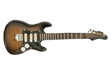 A guitar with a black and brown finish