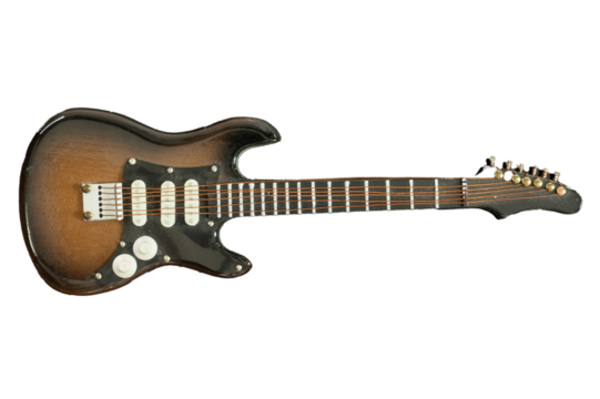 A guitar with a black and brown finish