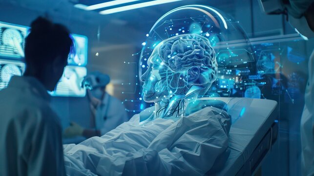 new normal futuristic technology in medical concept doctor anlysis patient by using artificial intelligence, machine learning, digital twin, 5g, big data, iot, augmented mixed virtual reality