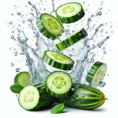 Cucumbers slices falling and flying with water splash isolated on a white background