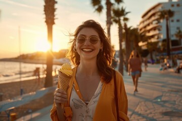 A woman enjoys a refreshing ice cream cone while strolling along a beachside promenade during a golden sunset