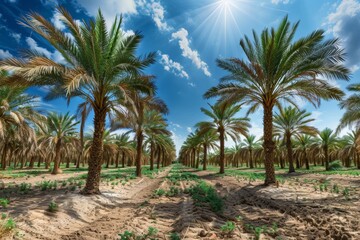 Wide view of date palm plantation thriving