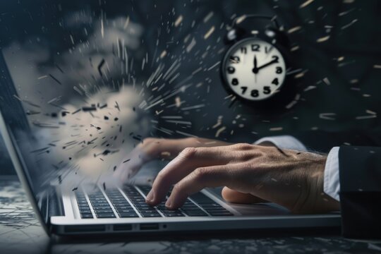 A person frantically types on a laptop as an alarm clock explodes behind them, symbolizing the pressure of time and deadlines
