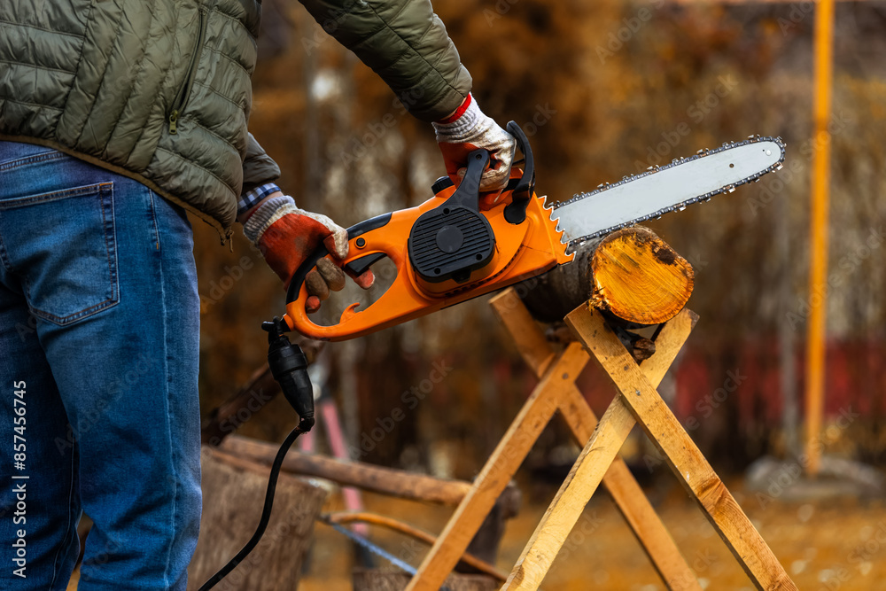 Wall mural close up of chainsaw cutting a piece of wood.