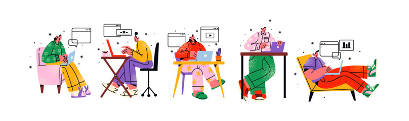 Cartoon characters office workers using a laptop. People sitting at a table with a PC computer. Mascots in the office and coworking space, vector flat illustration in retro doodle style